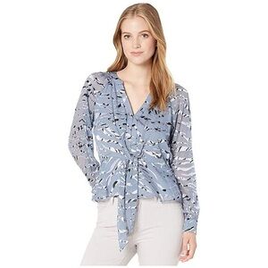 Parker Chelo Blue Arctic Tiger Print Knotted Front V-Neck Long Sleeve Blouse M